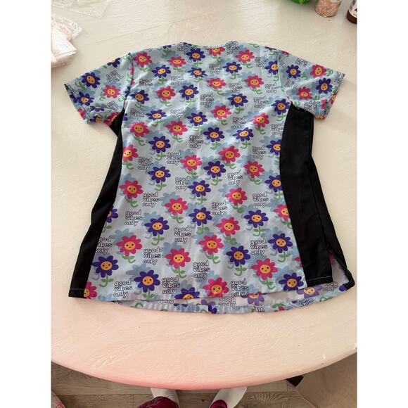 Positive vibes only Divine Stretch scrub top sz S colorful hippie nurse workwear - Picture 5 of 7